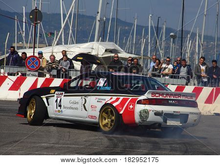 Chiavari Italy - April 22 2017 - 2nd T.A.M. (Tigullio Auto e Moto) National Motor Show: Drifting car show in the fairground area.