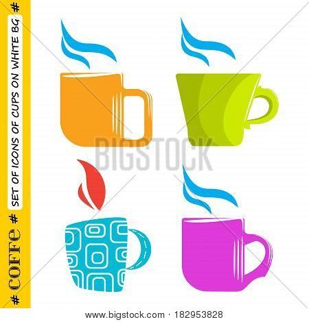 Set of multi-colored mugs on a white background. Coffee style. Vector flat illustration