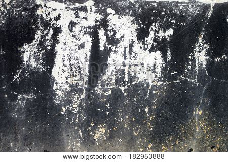 Aged White Peeled Plaster Wall With Cracked Structure Frame Blank Grunge Background Texture. Old Concrete Wall With Damaged Stucco Layer Square Background Texture. Black Gray Cement Textured Surface