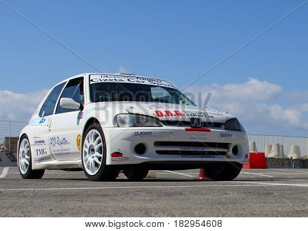 Chiavari Italy - April 22 2017 - 2nd T.A.M. (Tigullio Auto and Motorcycle) National Motor Show: Rally car show (here a Peugeot 106) in the circuit circuit of the fair.