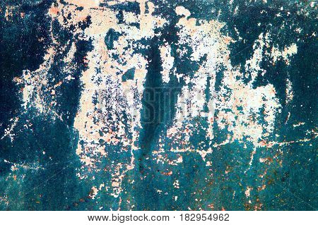 Fragment of old grungy texture with chipped paint and cracks or orange red blue concrete wall and cement surface