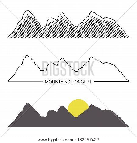 Set Of Mountain Ridges On White Background. Different Variants Of Silhouette. Vector Illustration Fo