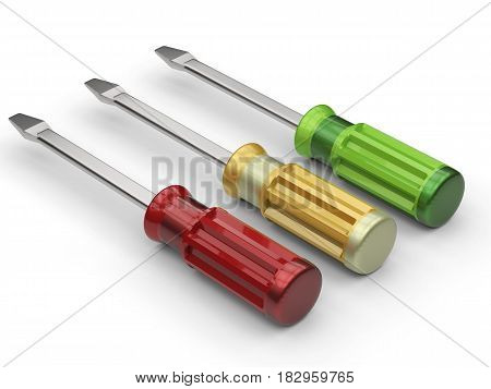 3d rendering colorful screw drivers on white background