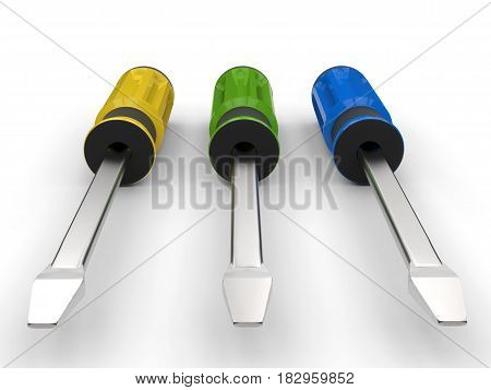 3d rendering colorful screw drivers on white background