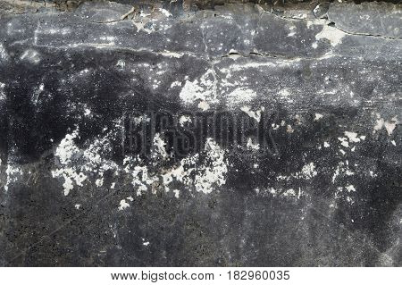 Aged White Peeled Plaster Wall With Cracked Structure Frame Blank Grunge Background Texture. Old Concrete Wall With Damaged Stucco Layer Square Background Texture. Black Gray Cement Textured Surface