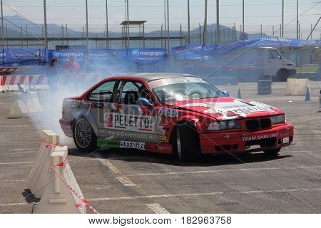 Chiavari Italy - April 22 2017 - 2nd T.A.M. (Tigullio Auto e Moto) National Motor Show: Drifting car show in the fairground area.