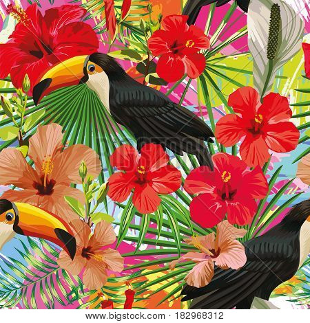 Exotic composition from tropical bird toucan leaves and hibiscus flowers seamless pattern colorful motley background