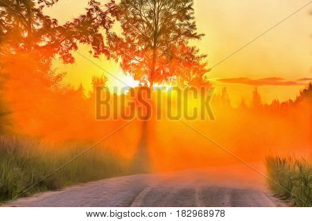 Forest road at sunset time colorful paintig