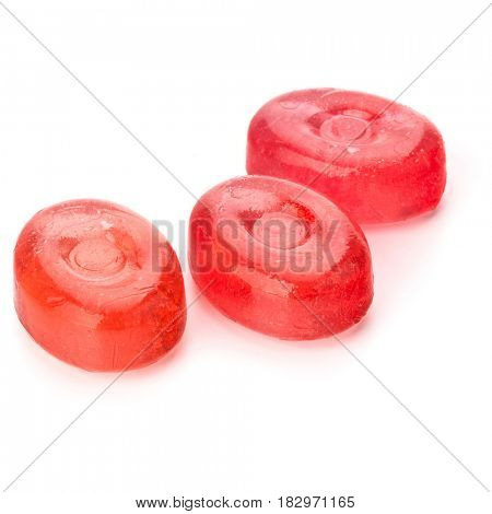 Three colorful fruit hard sugar candies,  boiled sweeties or sugar plums isolated on white background cutout