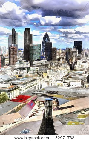 Colorful painting of London City aerial view