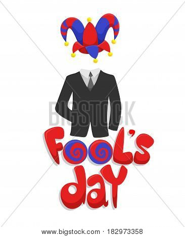 Colorful First April Fools Day concept with inscription business suit and joker funny hat isolated vector illustration