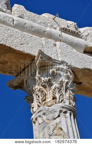 calumn in Laodicea an antique city Pamukkale. Turkey.