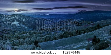 Forest On A Mountain Hillside In Rural Area At Night