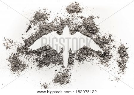 Falcon hawk phoenix eagle silhouette drawing made in grey ash as rebirth birth death life ecology disaster fire freedom concept symbol illustration