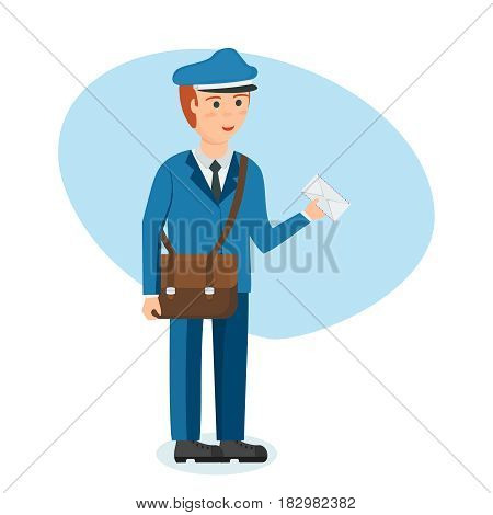 Male modern professions concept. The postman in branded clothes with briefcase on shoulder and letter in hands, carries parcels and letters. Modern vector illustration isolated in cartoon style.