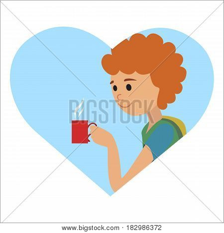 Youn man with cup in his hand drinking hot coffee. Vector illustration icon in heart isolated on white background.