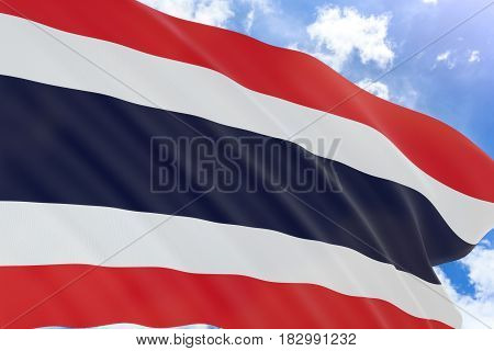 3D Rendering Of Thailand Flag Waving On Blue Sky Background