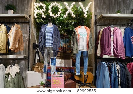 HONG KONG - CIRCA NOVEMBER, 2016: inside Quiksilver store in Hong Kong. Quiksilver, Inc. is an American retail sporting company
