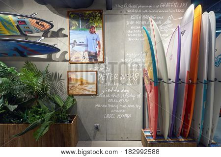 HONG KONG - CIRCA NOVEMBER, 2016: inside Quiksilver store in Hong Kong. Quiksilver, Inc. is an American retail sporting company