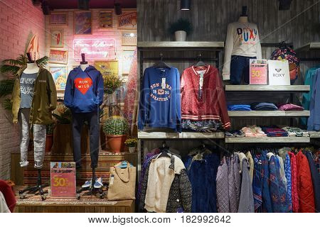 HONG KONG - CIRCA NOVEMBER, 2016: inside Quiksilver store in Hong Kong. Quiksilver, Inc. is an American retail sporting company