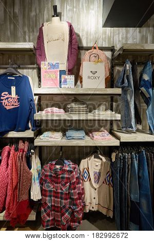 HONG KONG - CIRCA NOVEMBER, 2016: inside Quiksilver store in Hong Kong. Quiksilver, Inc. is an American retail sporting company