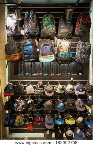 HONG KONG - CIRCA NOVEMBER, 2016: inside Quiksilver store in Hong Kong. Quiksilver, Inc. is an American retail sporting company