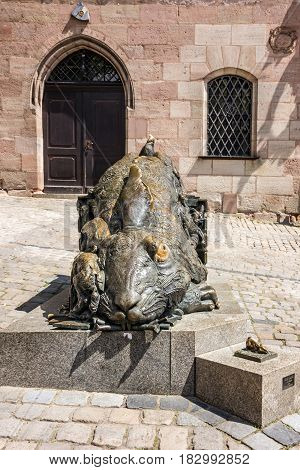 Nuremberg, Germany - April 5, 2017: Rabbit sculpture - Tribute to Albrecht Durer
