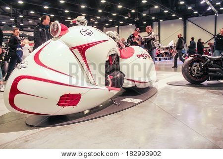 St. Petersburg Russia - 15 April, White unique moto concept,15 April, 2017.
International Motor Show IMIS-2017 in Expoforurum.
Motorcycles and motoconcepts presented at St. Petersburg Motor Show.