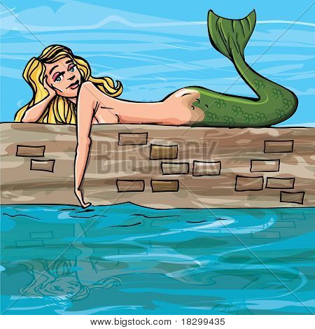 Sirena de dibujos animados, mirando su reflejo en el agua