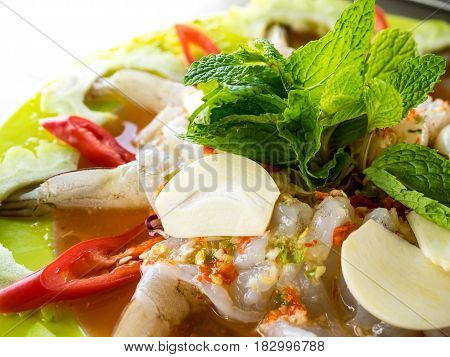 Delicious shrimp in fish sauce Thai food on white background