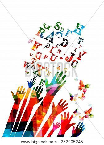 Colorful Human Hands With Alphabet Letters Vector Illustration Design. Education And Crative Writing