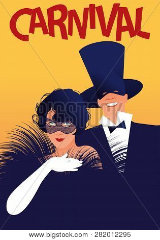Woman With Fur Stole And White Gloves And Man In Top Hat Wearing Carnival Masks. Retro Style Carniva