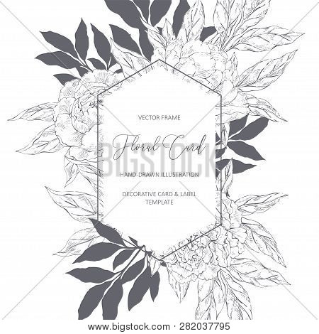 Hand Drawn Vector Sketsh Floral Frame With Peones And Place For Text In Vintage Style. Peonies Flowe