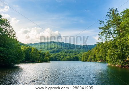 Lake Among Primeval Beech Forest. Morske Oko Popular Destination Of Vihorlat Mountains. Summer Adven