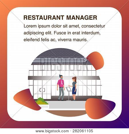 Restaurant Manager Lady Standing In Lobby Near Desk With Menu Make Assistance In Booking. Young Conf