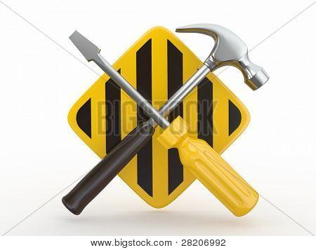 Nástroj. Nástroje, šroubovák a kladivo na bílých bsckground. 3D