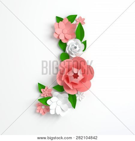 Paper Flower Alphabet Letter J 3d Render. Pastel Colored Flowers In Modern Paper Art Origami Style. 