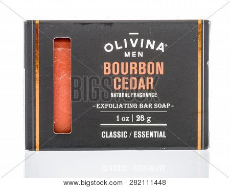 Winneconne, Wi - 23 January 2019: A Package Of Olivina Men Bourbon Cedar Exfoliating Bar Soap On An 