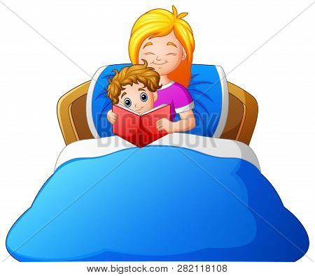 Cartoon Mother Reading Bedtime Story To Son On Bed