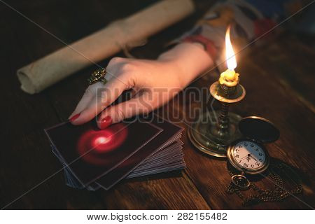 Tarot Cards And A Woman Fortune Teller. Future Reading Concept. Divination.