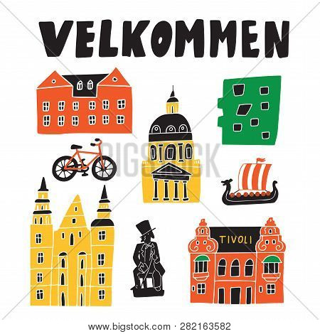 Welcomein Danish. Velkommen. . Funny Hand Drawn Illustration Of Different Copenhagen Attractions. Ve