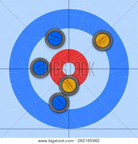 Background Of Curling Sport Arena. Stones On Ice Rink. Technical Scheme Of Top View. Vector Illustra