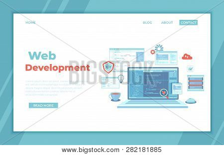 Web Development Programming Coding. Laptop With Program Code On The Screen, Virtual Screens, Infogra