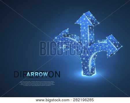 Crossroad Direction Three Ways Arrows Wireframe Digital 3d Illustration. Low Poly Crossway Choice Co