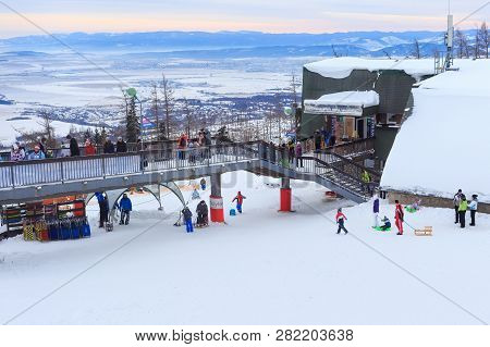 Hrebienok, Slovakia - January 07, 2015: View Of The Center Of Hrebienok Village. Is The Small Ski An