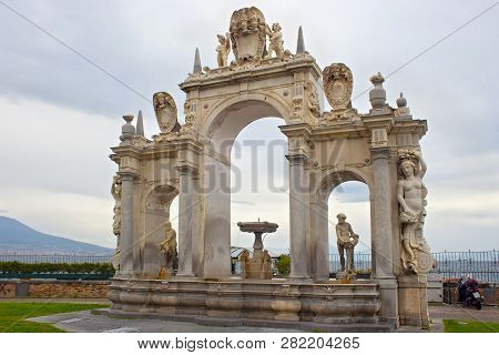 Naples, Italy - October 31, 2015: Fontana Del Gigante In The Historical Part Of Naples. It Was Desig