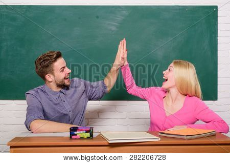 Ready To Success. Back To School. Couple Of Man And Woman In Classroom. Home Schooling. Modern Schoo