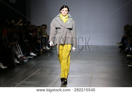 Kyiv, Ukraine - February 3, 2019: Model Presents A Fashion Creation Of A/raise Brand During The 44th