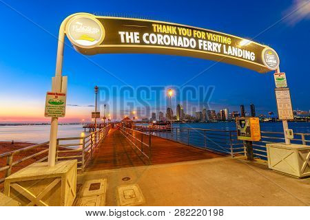 San Diego, California, United States - August 1, 2018: Coronado Ferry Landing Signboard Entrance At 
