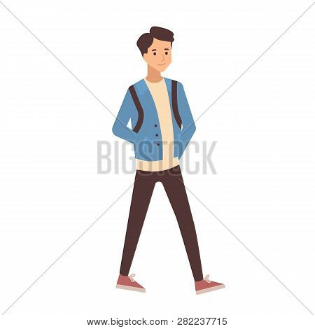 Young Teenage Boy Dressed In Casual Clothes Walking To School. Portrait Of Pupil, University Or Coll